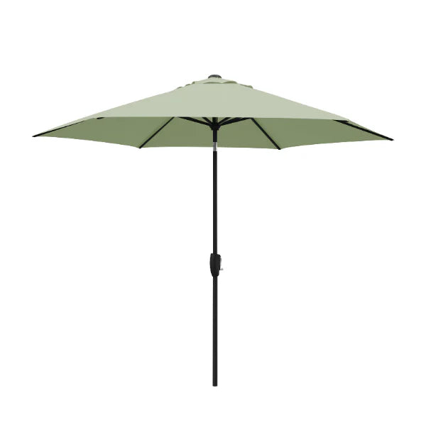 Kettler 3m wind-up parasol with sage canopy, grey frame, auto tilt, and night cover for outdoor shading and furniture.