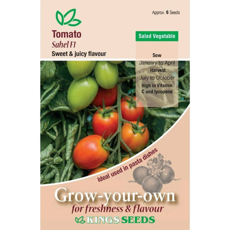 E.W. King & Co. Ltd. Tomato Sahel F1 seed packet showing vibrant tomato illustrations and branding on the packaging.