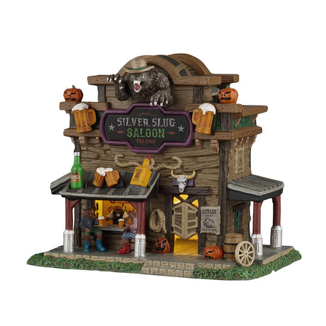 Silver Slug Saloon illuminated building from Lemax Spooky Town, detailed spooky town lighted model with silver accents.