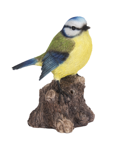 Singing Blue Tit on Stump Real Life Resin Ornament by Vivid Arts - Mill Race Garden Centre