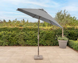 Kettler 3m wind-up parasol with slate canopy, grey frame, auto tilt, and night cover for outdoor shade and style.