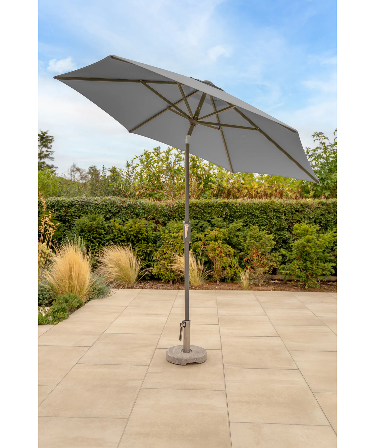 Kettler 2.5m wind-up parasol with slate canopy, auto tilt feature, and night cover for outdoor shading and protection.