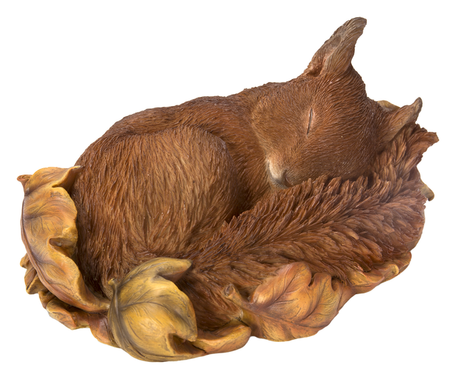 Sleeping red squirrel resin ornament by Vivid Arts, realistic outdoor home decor featuring a detailed, lifelike squirrel figure.