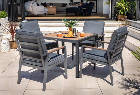 Hartman Sonas 4-seat square metal dining set with matching chairs and table, modern outdoor furniture for patio or garden dining.
