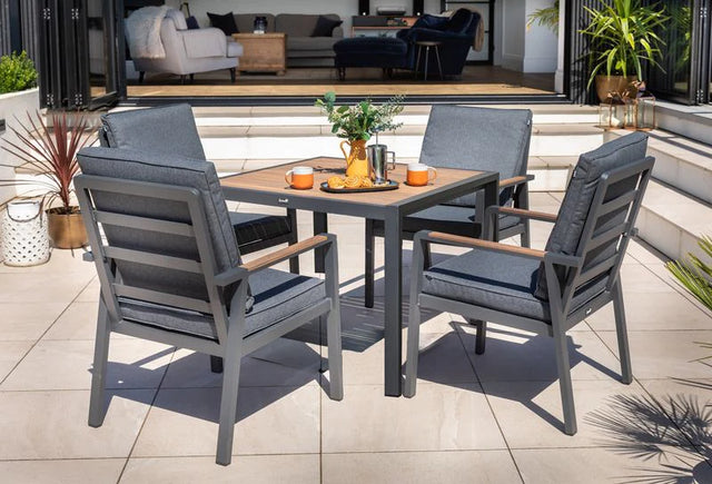 Hartman Sonas 4-seat square metal dining set with matching chairs and table, modern outdoor furniture for patio or garden dining.
