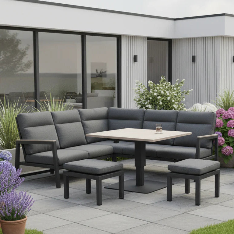 Kettler Tudor Mini Corner Set with two footstools and a square high/low metal table, outdoor furniture by Kettler Charlbury Signature