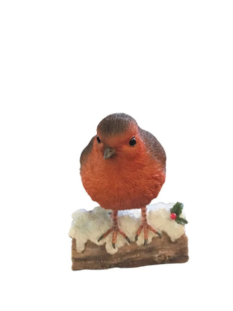 Vivid Arts Winter Robin on Snowy Log Resin Ornament Size F - Mill Race Garden Centre