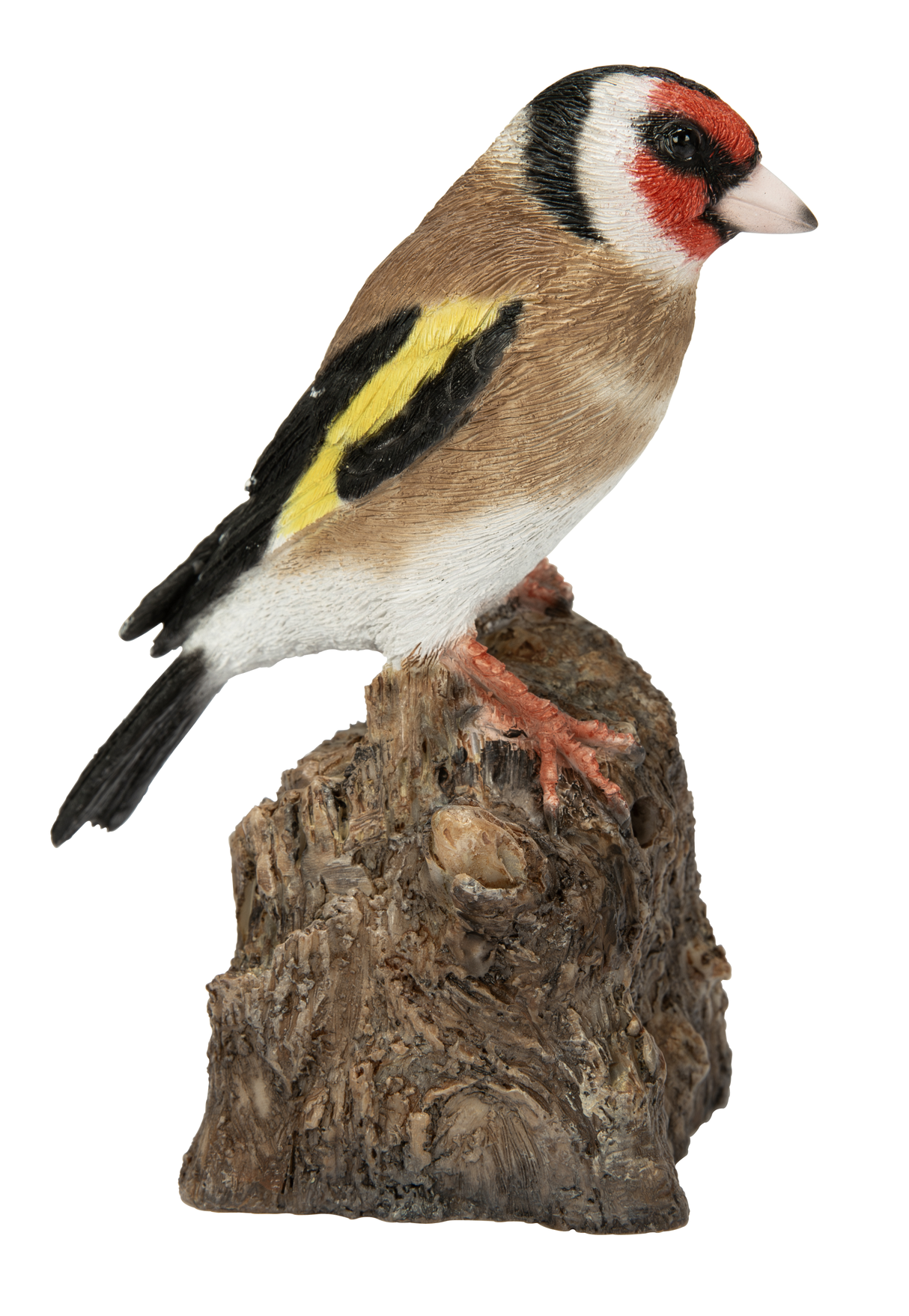 Vivid Arts singing goldfinch resin ornament perched on a stump, decorative outdoor garden bird figurine.