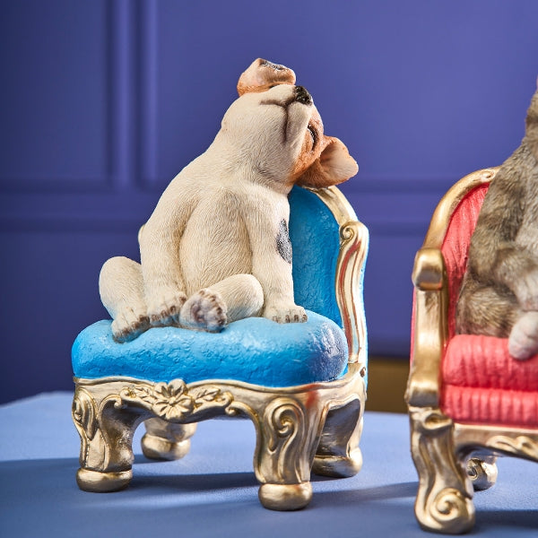 Werner Voß luxury German ceramic dog ornament sitting on a blue armchair, 20cm tall, decorative indoor home ornament.