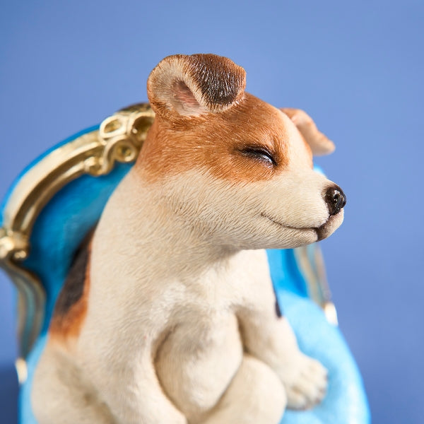 Werner Voß luxury German dog ornament depicts a leaping dog on an armchair, 20cm tall, ideal for elegant home decor.