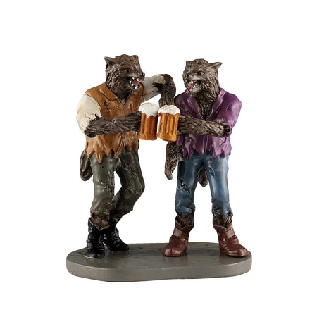 Lemax Spooky Town Wolf Pack Cheers figurine featuring a playful wolf pack scene in detailed Halloween-themed design.