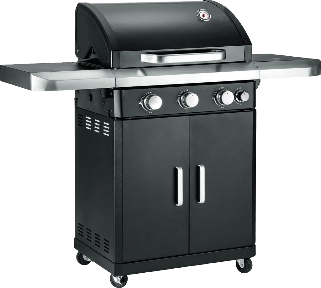 Atom Grills Xenon 3.1 Gas BBQ with stainless steel lid and side shelves, ideal for outdoor grilling and barbecues.