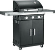 Atom Grills Xenon 3.1 gas BBQ with stainless steel lid, multiple burners, and side shelves for outdoor grilling.