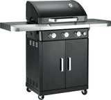 Atom Grills Xenon 3.1 gas BBQ with stainless steel lid, multiple burners, and side shelves for outdoor grilling.
