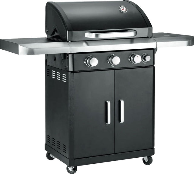 Atom Grills Xenon 3.1 gas BBQ with stainless steel lid, multiple burners, and side shelves for outdoor grilling.